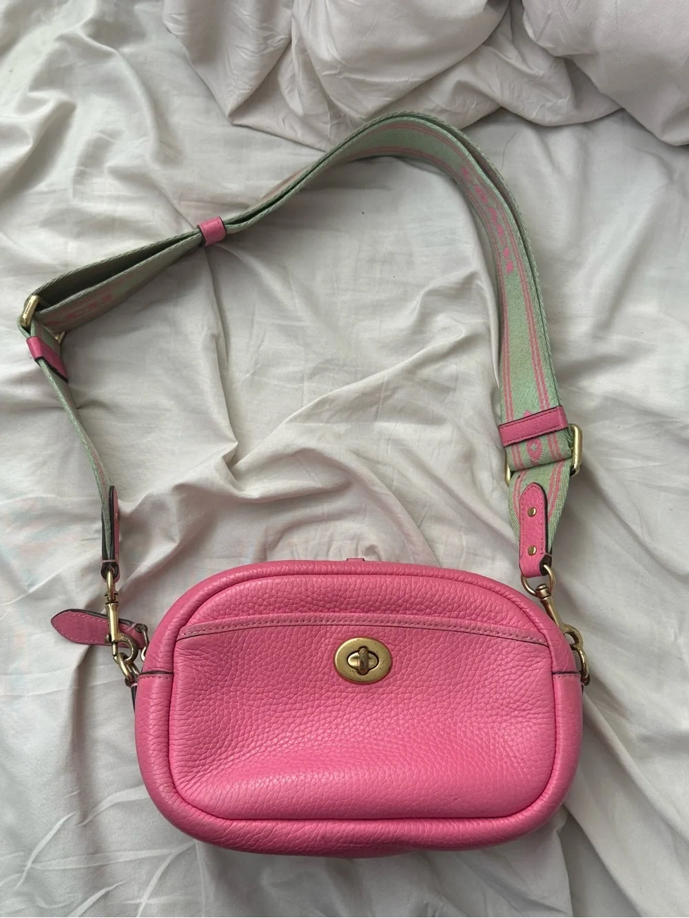 Coach Pink Leather Crossbody with Green and Pink Striped Strap